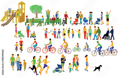 Große Menschengruppen in der Freizeit mit Eltern und Kindern  Illustration