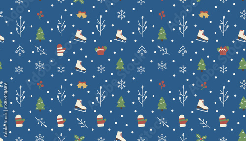 Seamless ChristmasWinter pattern with skates mittens snowflakes and festive elements on blue background