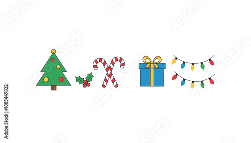 Cute Christmas vector icons set festive elements like tree gift holly and lights for design