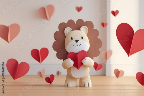 Cute cartoon lion holding red heart isolated on pastel background