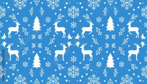 Seamless blue Christmas pattern with white reindeer snowflakes and festive trees