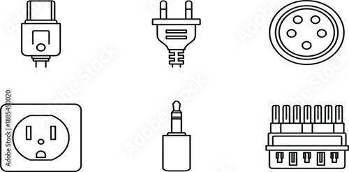 Minimalist black linear electronic icon set featuring power plugs, electrical sockets, audio jack, charging ports, and hardware connectors for technology design,