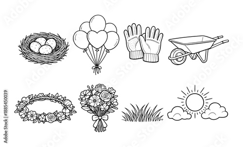 Collection of hand-drawn spring and garden icons including a nest, balloons, gloves, wheelbarrow, and flowers
