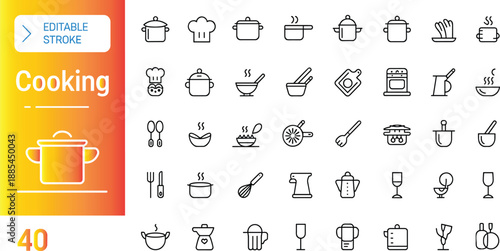 Cooking line icons set with editable stroke featuring kitchen tools, cookware, restaurant utensils, chef equipment, and culinary symbols for web design