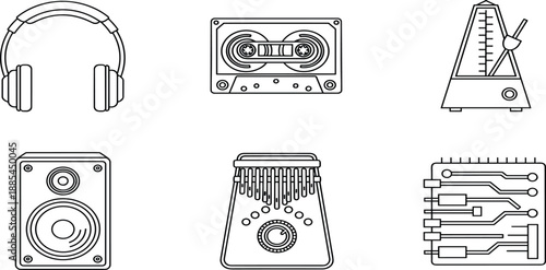 Minimalist black linear music icon set featuring headphones, cassette tape, metronome, audio speaker, kalimba thumb piano, and sound mixer console sliders,