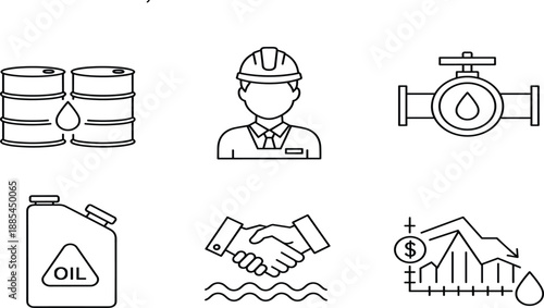 Minimalist black linear industrial icon set featuring oil drilling rigs engineer in hard hat pipeline valves canisters and petroleum market trends,