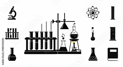 Scientific Laboratory Icon Set Featuring Chemical Glassware, Experimental Research Tools, and Academic Learning Symbols