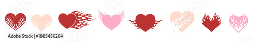 flame heart shape collection. love elements, burning fire ornament for valentine