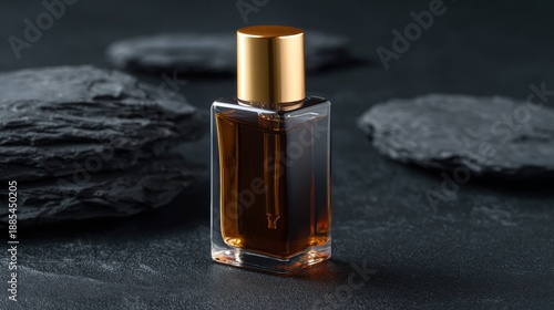 Elegant dark glass perfume bottle on stone surface for luxury fragrance branding or premium cosmetic product photography presentation