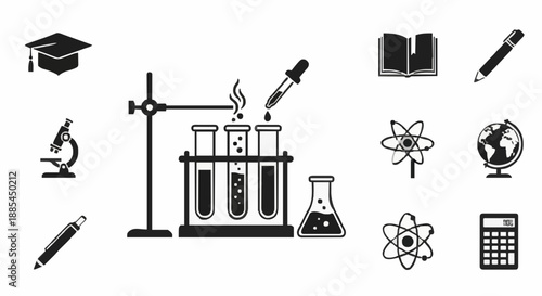 Science and Academic Icon Set Featuring Chemical Experiments, Research Tools, and Essential Educational Symbols