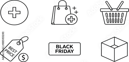 Shopping, icons, set, featuring, basket, bag, tag, best, price, black, friday, box, plus, symbol, retail, e-commerce, thin, line, vector, graphic.