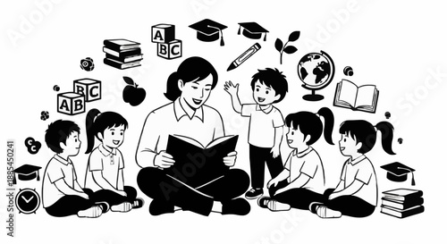 Childhood Education Featuring a Teacher Reading to Students Surrounded by Essential Academic and Developmental Symbols