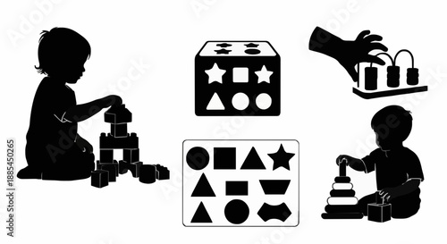 Comprehensive Early Childhood Development Icon Set Featuring Educational Toys, Shape Sorting, and Toddlers Engaged in Cognitive Play Activities