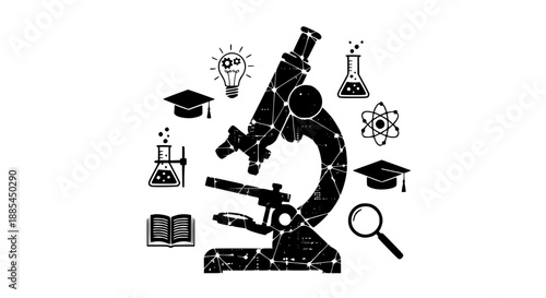 Comprehensive Scientific Research and Academic Icon Set Featuring a Central Microscope, Laboratory Glassware, and Symbols of Mental Intelligence and Higher Education