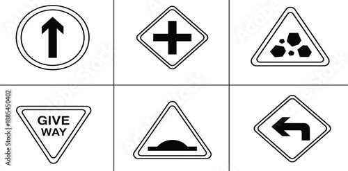 Traffic, road, signs, set, with, arrow, forward, crossroad, junction, loose, chippings, give, way, speed, bump, turn, left, vector, thin, line.
