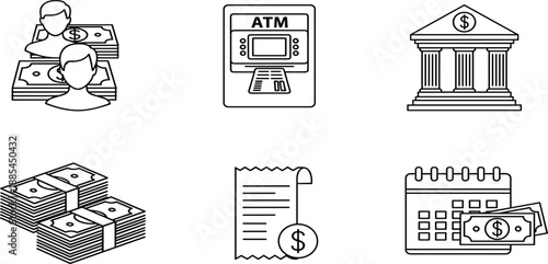 Banking, icons, set, featuring, money, bank, building, ATM, machine, financial, calendar, dollar, currency, people, group, thin, line, vector, graphic, illustration.