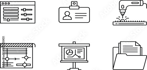 Business, icons, set, featuring, ID, card, badge, sewing, machine, project, management, flow, chart, presentation, screen, file, folder, vector, thin, line.