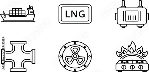Natural, gas, icons, set, featuring, LNG, tanker, ship, pipeline, valve, burner, stove, container, transport, fuel, energy, industrial, line, vector, graphic.