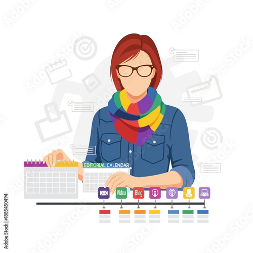 Stylized female content manager organizes diverse digital media channels using an editorial calendar and timeline planning tools