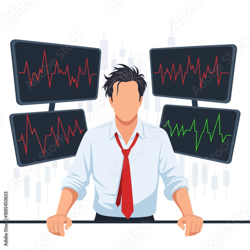 Professional male stock trader monitors volatile market fluctuations across multiple high-tech digital display screens in a sophisticated trading environment.