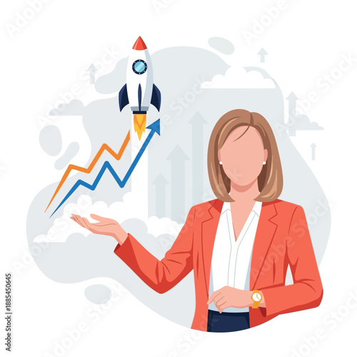 Professional woman presents rapid business growth trajectory symbolized by a soaring rocket taking off past upward trending charts