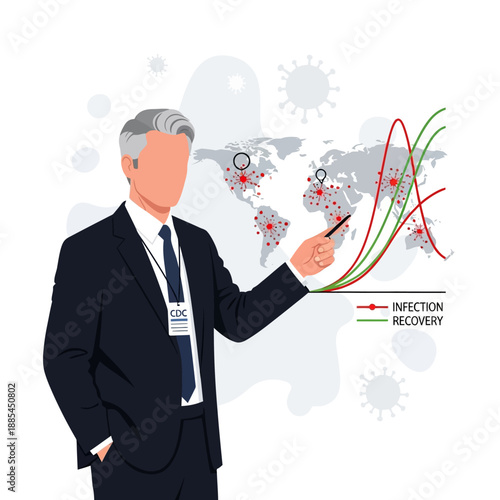 Health official points to global infection and recovery curve data on a presentation slide during a health briefing