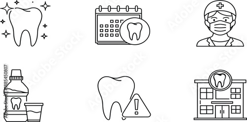 Dental care and oral hygiene line icons set including healthy tooth, dentist appointment calendar, mouthwash, toothache warning, and clinic building.
