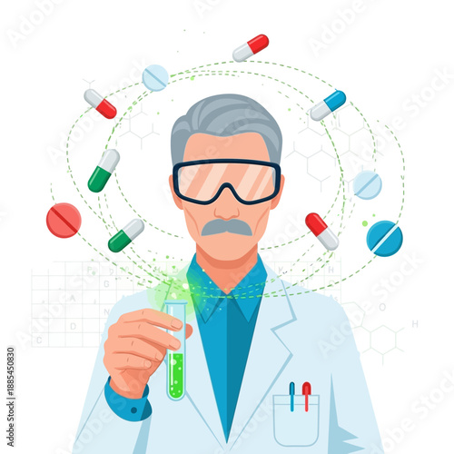 Experienced scientist in protective goggles holding a glowing test tube surrounded by orbiting pills and chemical formulas