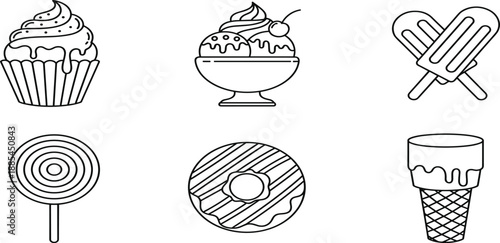 Sweet dessert and confectionery line icons set including cupcake, ice cream bowl, popsicles, swirl lollipop, glazed donut, and waffle cone.