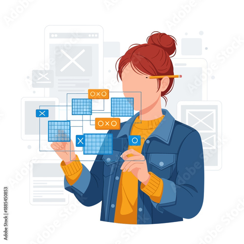 Young female designer meticulously works on complex user interface wireframing and digital prototyping using abstract flow diagrams.