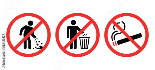 No sign vector set illustration representing universal stop and prohibition symbols, clean flat icon collection isolated on white background for public safety, road signs, user interface design 