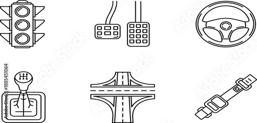 Driving and automotive infrastructure line icons set including traffic light, car pedals, steering wheel, gear stick, road bridge, and seatbelt.