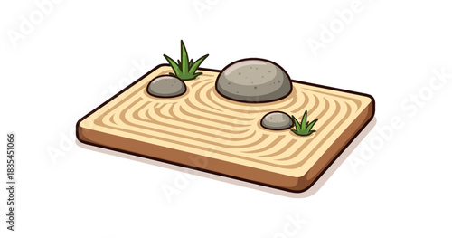 Flat vector illustration of single zen garden with raked sand and stones isolated on pure white slightly style high quality no texture no grain