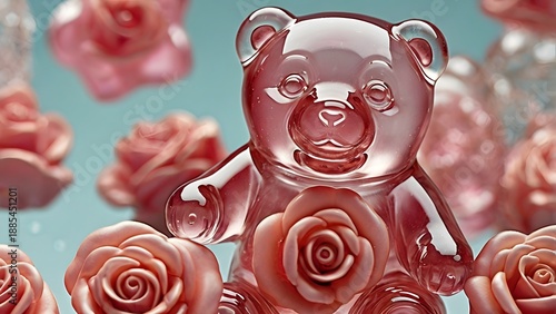 Dreamy surreal crystal gummy bear with pink rose bouquet on pastel background