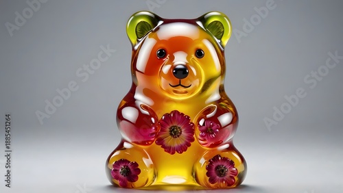 Hyperrealistic glass gummy bear piggy bank toy on pink background