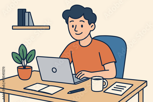 Character Working Illustration Flat character illustration of young person sitting at desk with laptop coffee mug notebook and plant relaxed posture and friendly expression in bright flat.