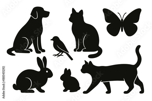 Animal Silhouettes Collection Collection of flat animal silhouettes including dog cat rabbit bird and butterfly in different poses simple clean contours and recognizable shapes.