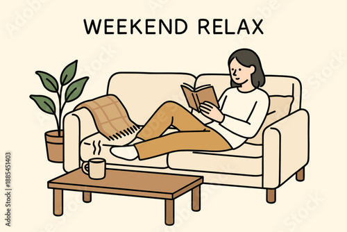 Weekend Relax Illustration Relaxed weekend scene with couch blanket tea and person reading with text area for lifestyle posts.