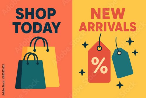 Shopping Vertical Banners Two side by side vertical banners with Shop Today with bags and New Arrivals with tags and stars.