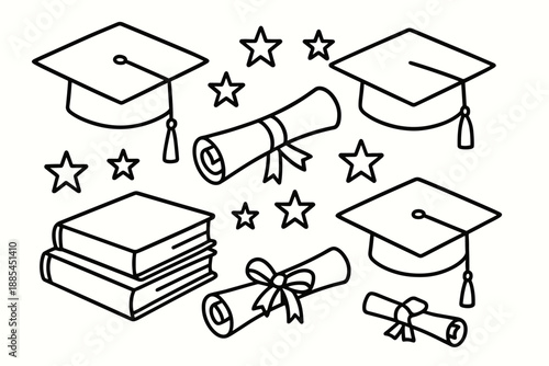 Graduation Celebration Set Graduation caps diplomas stars and books arranged for announcements invitations and posters.