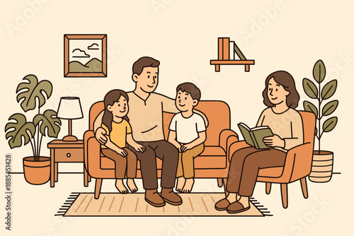 Family Home Illustration Family relaxing in cozy home interior with plants furniture and open text space for lifestyle uses.