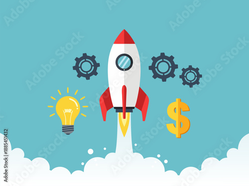 Innovative Business Startup Launch Vector Illustration Rocket Blasting Off, Symbolizing Idea, Strategy, Growth, and Financial Success