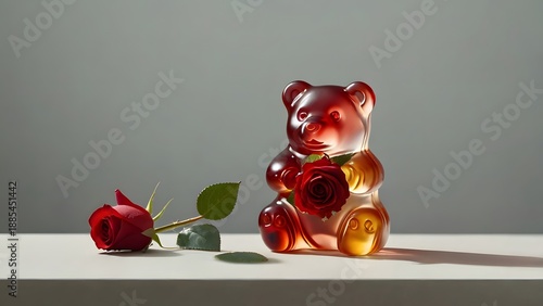 Minimalist still life of clear gummy bear with red rose and Christmas ornament on reflective surface