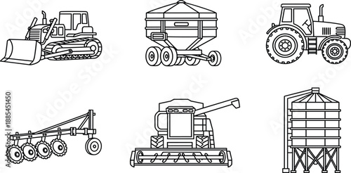 Industrial agriculture and construction machinery icons set including tractor, bulldozer, harvester, plow, field irrigation, and heavy duty farming equipment symbols.