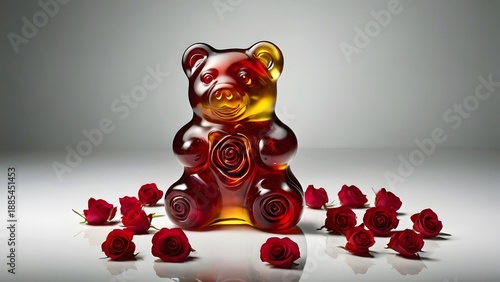 Surreal golden gummy bear angel statue isolated on pastel background