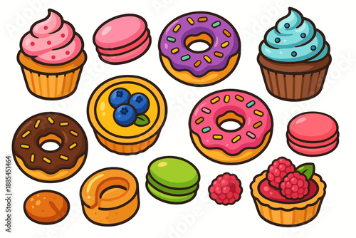 Isolated Desserts Isolated bright desserts including cupcakes macarons donuts and tarts for menus packaging and blogs.