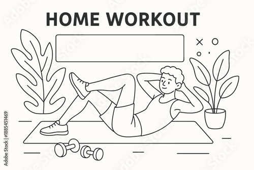 Home Workout Illustration Person exercising at home with mat dumbbells plants and decorative shapes and text area for fitness blogs.