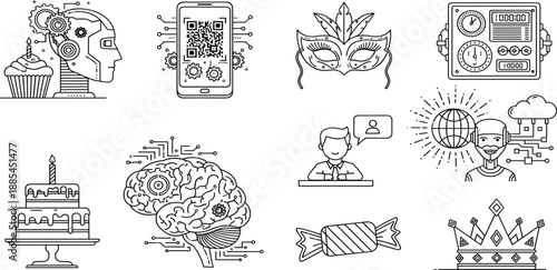 Advanced artificial intelligence and technology icons set including robotic brain, smart mobile scanning, carnival mask, birthday cake, and royal crown.