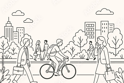 Urban Life Illustration People commuting buildings bikes and greenery with space for text for city blogs ads and presentations.