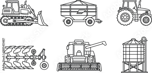Heavy agriculture and construction machinery line icons set including bulldozer, tractor, harvester, plow, field irrigation, and industrial farming equipment symbols.